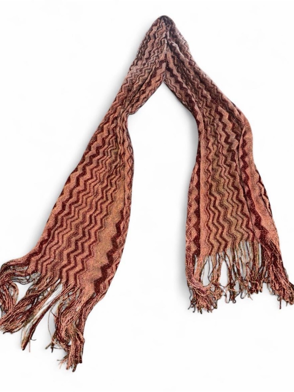 Simmering Woven Zigzag Fringe Scarf - Rust pink/burgundy